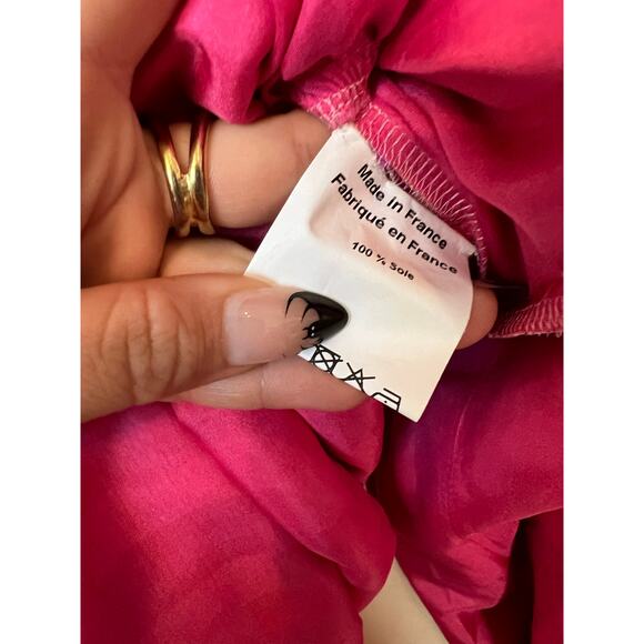 Dovima Paris Pink Checkered 100% Silk Ruffle Sleeve Tie Waist Maxi Dress L - Picture 6 of 7